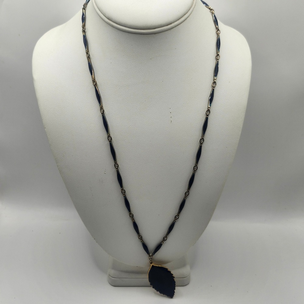 Vintage Blue Enamel Leaf Pendant Necklace Gold Tone Station Chain Art Deco Style